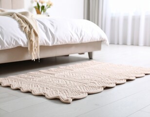 Soft beige area rug with intricate pattern placed beside a bed in a cozy bedroom, enhancing the warm atmosphere and inviting comfort to the living space