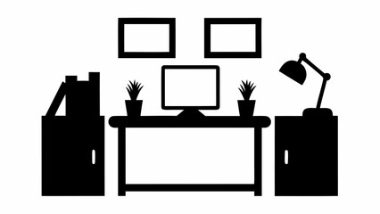Silhouette of a desk with a computer, plants, lamp, cabinets, and two picture frames on the wall