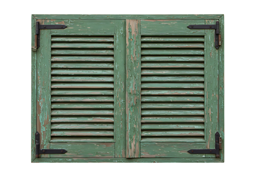 Weathered green shutters with peeling paint evoke a rustic charm, featuring textured wood and aged metal hinges against a transparent background.