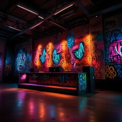 An interior view of an urban, graffiti-covered space is presented, possibly a club or performance venue. The walls are extensively decorated with vibrant graffiti in various colors, including neon acc