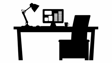 Silhouette of a desk with a computer monitor lamp chair and mug creating a workspace scene in black