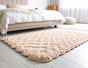 Soft, textured area rug in a cozy bedroom setting, placed on light wooden floor, enhancing the warm atmosphere and inviting comfort for relaxation and style