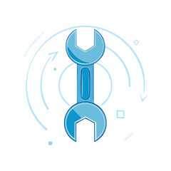 Wrench with motion lines and geometric shapes on a black background for a technical or mechanic repair concept