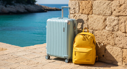 Light-blue suitcase and yellow backpack near stone wall, ocean background, showcasing travel and vacation concept