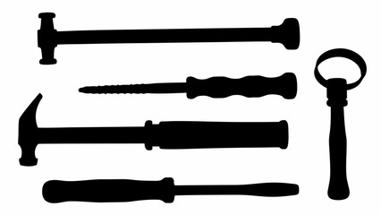 Silhouette depiction of various hand tools including hammers screwdrivers and a specialized bottle opener tool