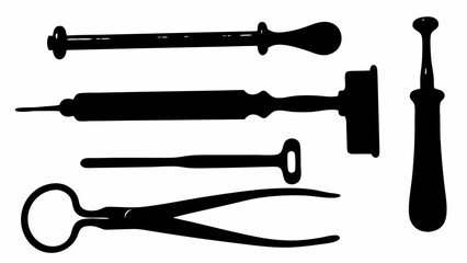 Illustration of vintage medical instruments including forceps and syringe in black and white style art