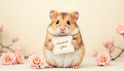 Hamster Holding Thank You Card with Rose Flowers Decoration