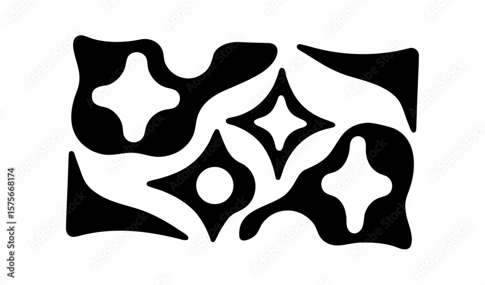 Poster abstract black and white pattern featuring star shapes and organic blob like forms in a retro style 