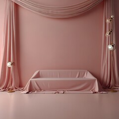 A cozy and elegant interior setting is depicted with soft, light pink walls. A plush, light-colored sofa is draped with a matching fabric, suggesting a cover for protection or a decorative touch. Shee