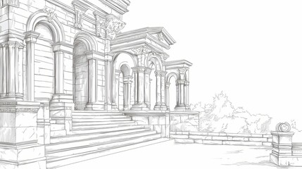 Architectural sketch of a classical style building facade with steps.