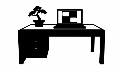 Black silhouette of a desk with a laptop and a bonsai tree in a pot on top of it, simple illustration