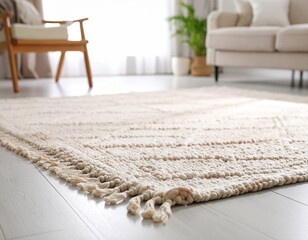 Soft textured area rug with fringes placed on light wooden floor in a cozy living room, featuring a comfortable sofa and indoor plant, enhancing home decor ambiance