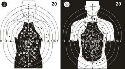 Two targets with bullet holes showing accuracy in black and white image style
