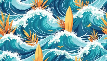 Ocean Waves with Surfboards and Tropical Foliage Seamless Pattern
