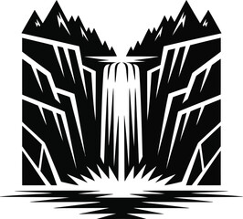 Naklejka premium A bold, graphic illustration of a waterfall cascading down rugged mountain cliffs.