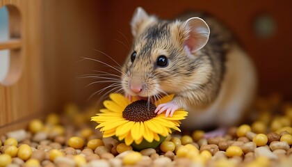Hamster Eating Yellow Flower in Wooden Cage Enclosure