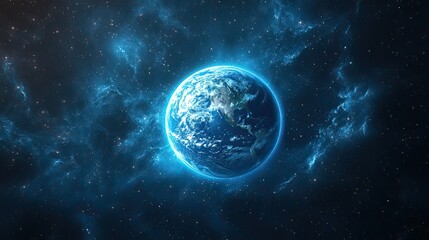 Blue planet in deep space glowing with atmosphere, cosmic view of Earth-like world in futuristic galaxy illustration
