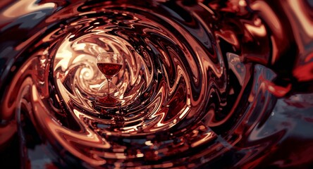 A glass of red wine inside a swirling tunnel of reflective red and gold abstract patterns design art