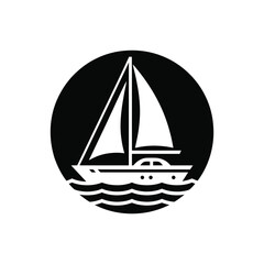 Simple black and white silhouette of a sailboat on wavy water inside a circle