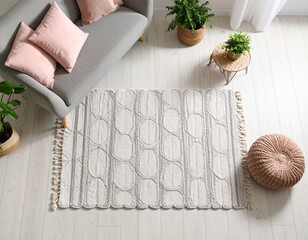 Cozy living room scene featuring a textured area rug with geometric patterns, surrounded by soft cushions, plants, and natural light, creating a warm and inviting atmosphere