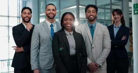 Face, confident and group with smile in office, corporate and attorney in law firm or collaboration. Happy, legal team and people with pride for justice system, ambitious and partnership for case