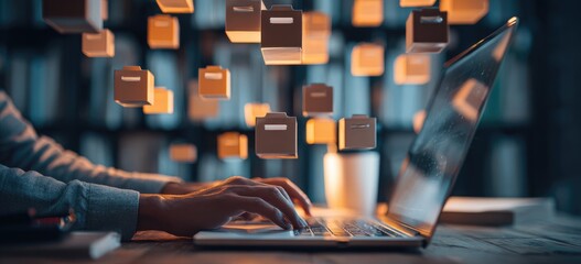 Person working on a laptop with floating file folders