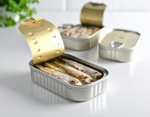 Open tin can of sardines on a white surface, showcasing the fish inside, with additional cans in the background, emphasizing freshness and culinary appeal for food photography