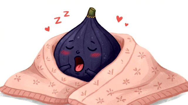 Cute Cartoon Fig Character Sleeping Sweetly Wrapped in a Cozy Blanket Illustration
