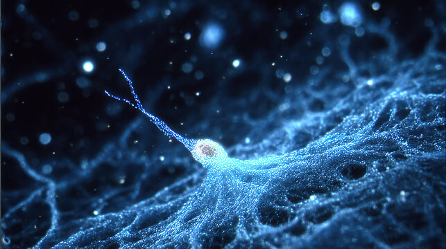 A neural stem cell dividing in midnight-blue tissue, resembling celestial star formation.