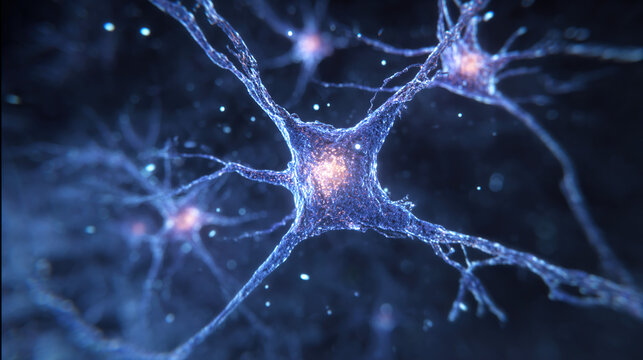 A neural stem cell dividing in midnight-blue tissue, resembling celestial star formation.