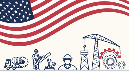 Labor Day banner with USA flag and mechanic tools—ideal for honoring American labor, patriotic campaigns, industrial designs, and holiday promotions