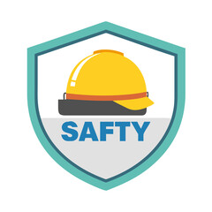 Industrial Safety Shield Badge with Yellow Hard Hat. Workplace Protection Logo Vector.
