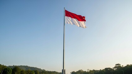 Fototapeta premium Indonesian national flag waving proudly on a tall pole under a clear blue sky. Captures patriotism and national pride in a minimalist and clean composition.