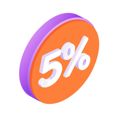 Isometric 5% Discount Icon: Orange and Purple Five Percent Off Sale Sign