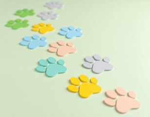 Colorful paw print shapes in various pastel shades arranged on a soft green background, creating a playful and whimsical atmosphere for pet-themed designs or projects