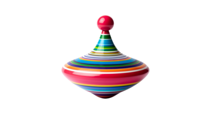 Vibrant multicolored spinning top toy with swirling patterns isolated on solid white background