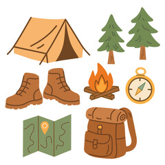 Flat-style hand-drawn camping gear set. Perfect for outdoor, adventure, and summer travel themes.