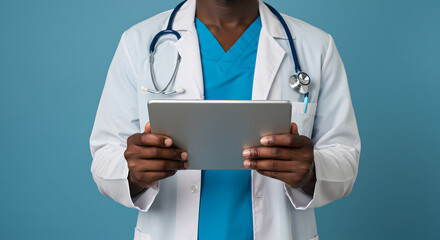 Black doctor with tablet in white uniform, work in medicine. Futuristic medical personal, therapist. Healthcare with advanced technology