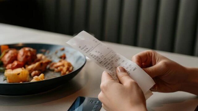 Person holding receipt near plate of food, credit card inserted