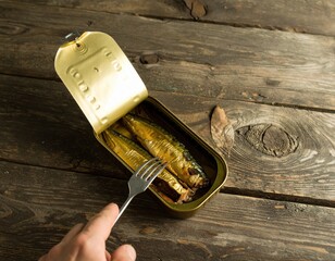 Open tin can of sardines on rustic wooden table, showcasing delicious fish ready to eat, with a fork poised to serve, highlighting culinary experience and simplicity of meal preparation