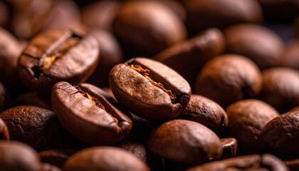 Rich texture and earthy tones create a cozy mood in this background featuring a close-up view of roasted coffee beans. Ideal for designs evoking warmth, comfort, or caffeine love.