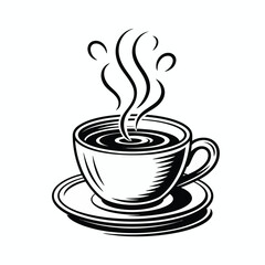 Stylized black and white illustration of a steaming cup of coffee on a saucer