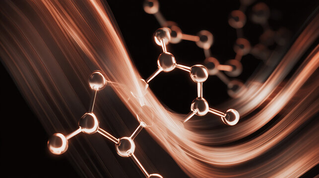 Surreal molecular structure with coffee-hued energy waves activating cells, depicting anti-aging research.
