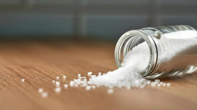 Spilled salt from glass jar on wooden surface