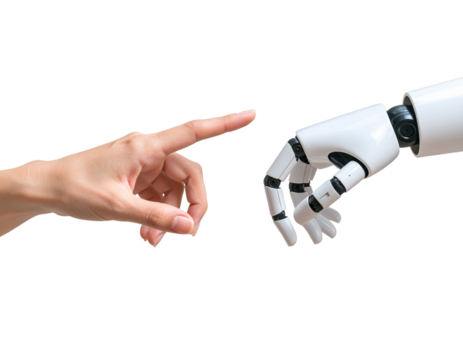 Human and Robotic Fingers Pointing at Each Other, Futuristic Contact Concept, Transparent PNG