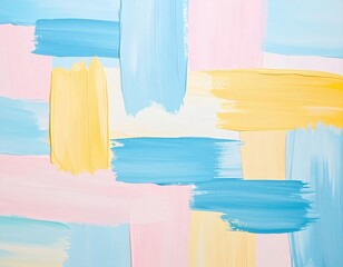 Abstract painting with vibrant brush strokes in pastel colors of blue, yellow, and pink, creating a textured and visually appealing background for artistic projects