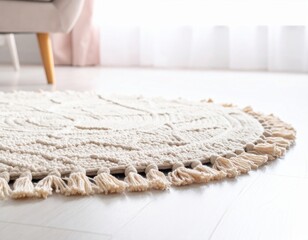Round woven area rug with tassels on a light wooden floor, creating a cozy atmosphere in a bright room with natural light and soft textures enhancing interior design