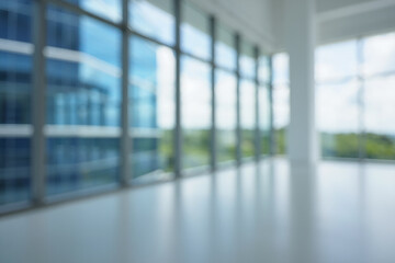 Blurred view of a modern office building interior with large windows