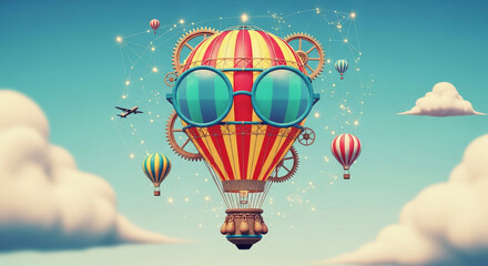 Stylized hot air balloon with goggles, gears, and smaller balloons in a whimsical sky scene, symbolizing adventure, travel, and interconnectedness