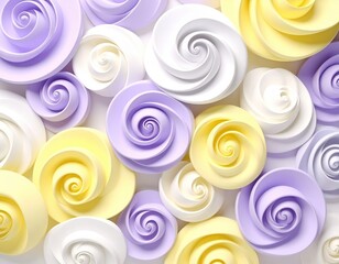 Colorful paper roses in shades of purple, yellow, and white are beautifully arranged in a decorative pattern, showcasing intricate details and textures for artistic design inspiration